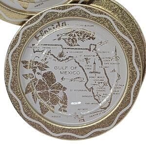 Vintage Florida Souvenir 3.5" Round Metal Map Drink Coasters Set of 6 Never Used